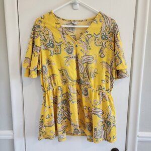 Cato Yellow Peplum Top Women's Size 14/ 16W Short Sleeve Paisley V Neck